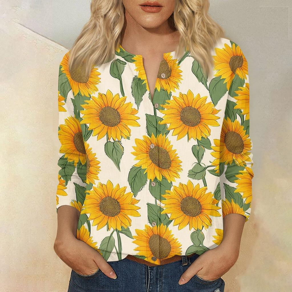 Vintage Floral Print Button Down Shirt Women Henley Neck Three Quarter Sleeve Linen Cotton Blouse Casual Lightweight Top
