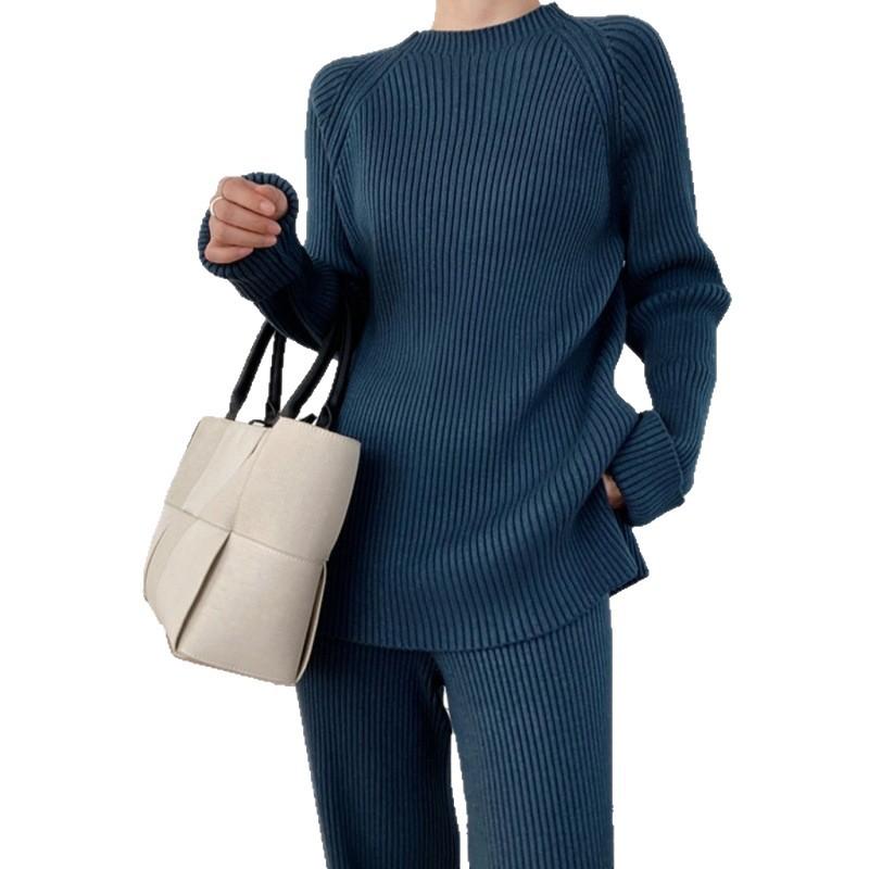 Boční rozpark Pletený svetr Ženy Musilm Soupravy Teplé kalhoty Široké nohavice Dvoudílný oblek Elegantní Žena Skromné islámské oblečení