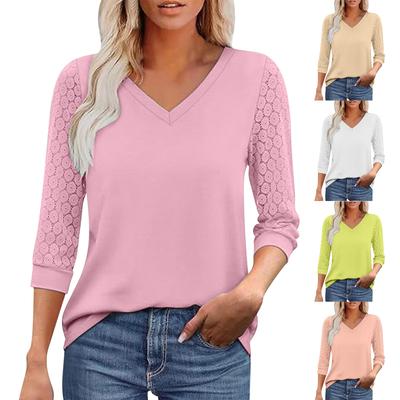 Damen Oberteil 3/4 Ärmel V-Ausschnitt Einfarbig Spitze Patchwork Lässige Blusen
