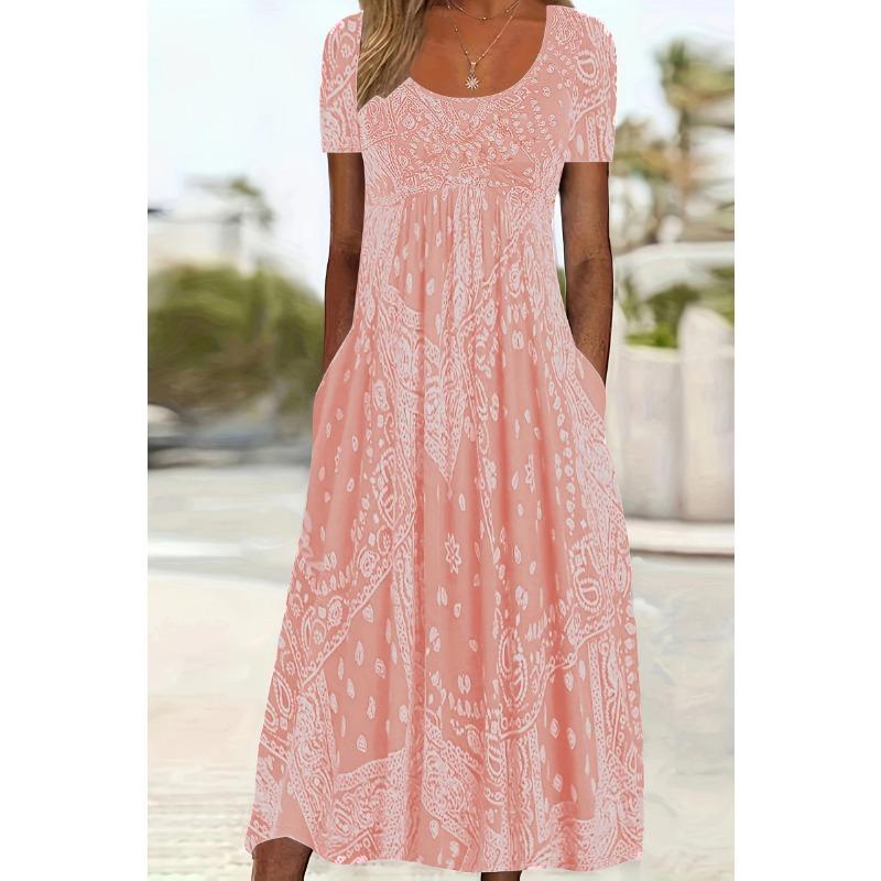 A New Summer Dress with A Mid-waist, Short Sleeve, Round Neck and Retro Printed Style, Featuring A Comfortable and Casual Pullover