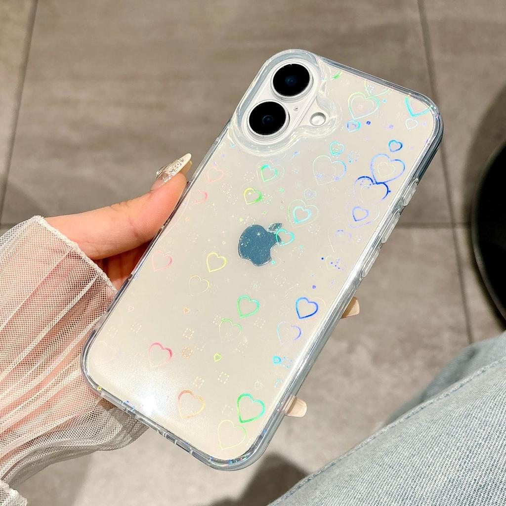 Holographic Laser Love Heart Clear Case For iPhone 16 15 14 13 12 Mini 11 Pro X XS XR Max 8 7 Plus SE Shockproof Silicone Cover