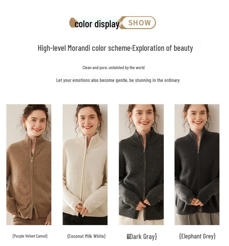2025 Women's Casual Cashmere Knit Cardigan with Stand Collar, Loose Fit, and Zipper - Simple, Fashionable Long Sleeve Jacket