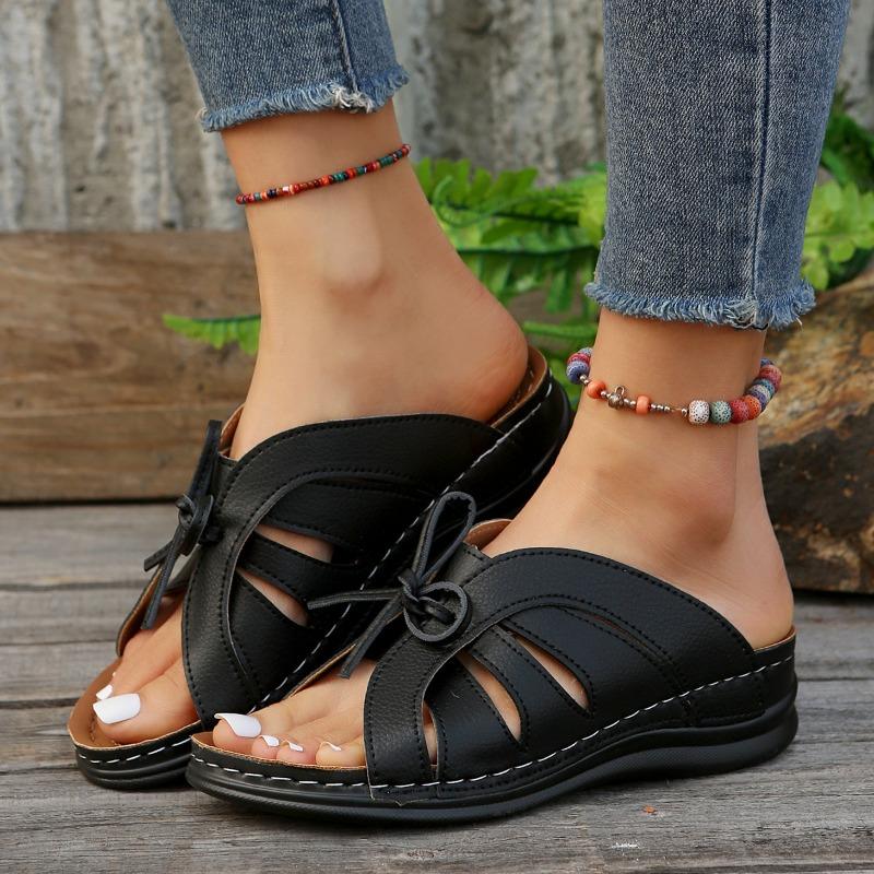 New summer women's wedge heel fish mouth slippers solid color large size bow decorative sandals women