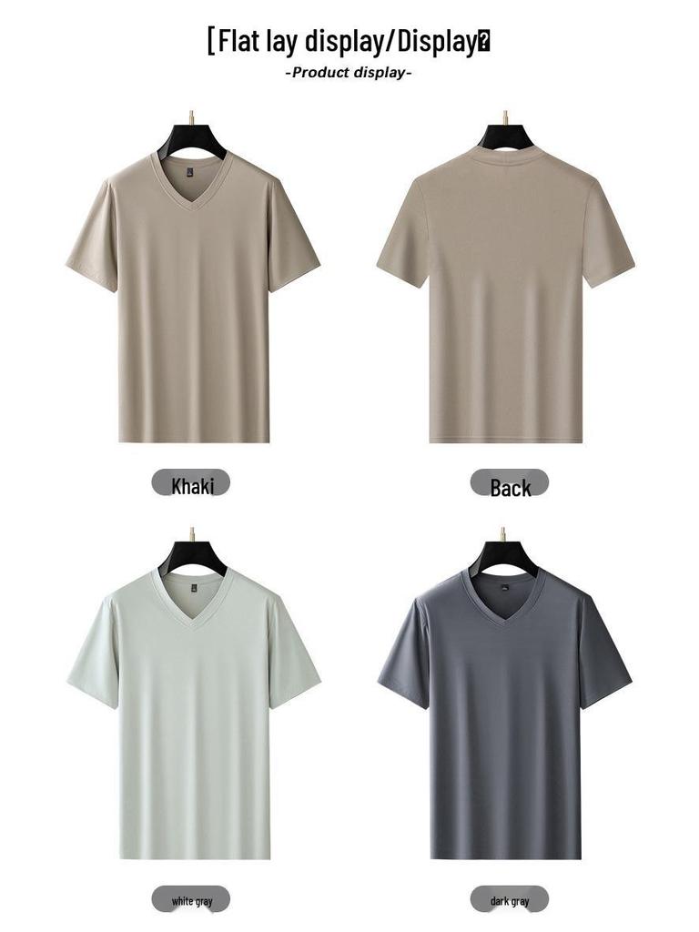 T-shirt da uomo taglie forti 9XL in seta ghiacciata con scollo a V a maniche corte, ad asciugatura rapida - Senza cuciture, leggera, traspirante, top sportivo estivo