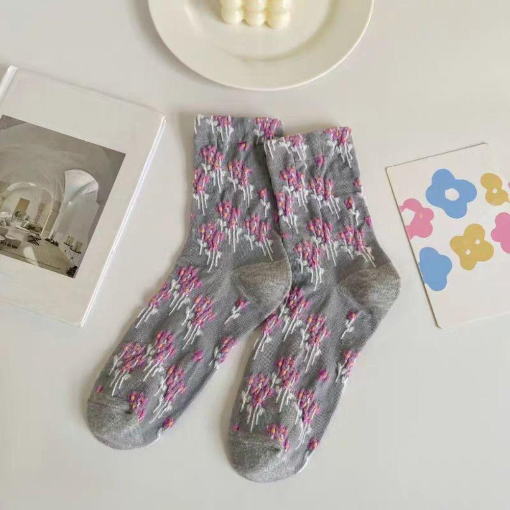5Pairs Breathable Floral Short Socks Patchwork Retro Socks Comfortable Mid Tube Socks  Autumn