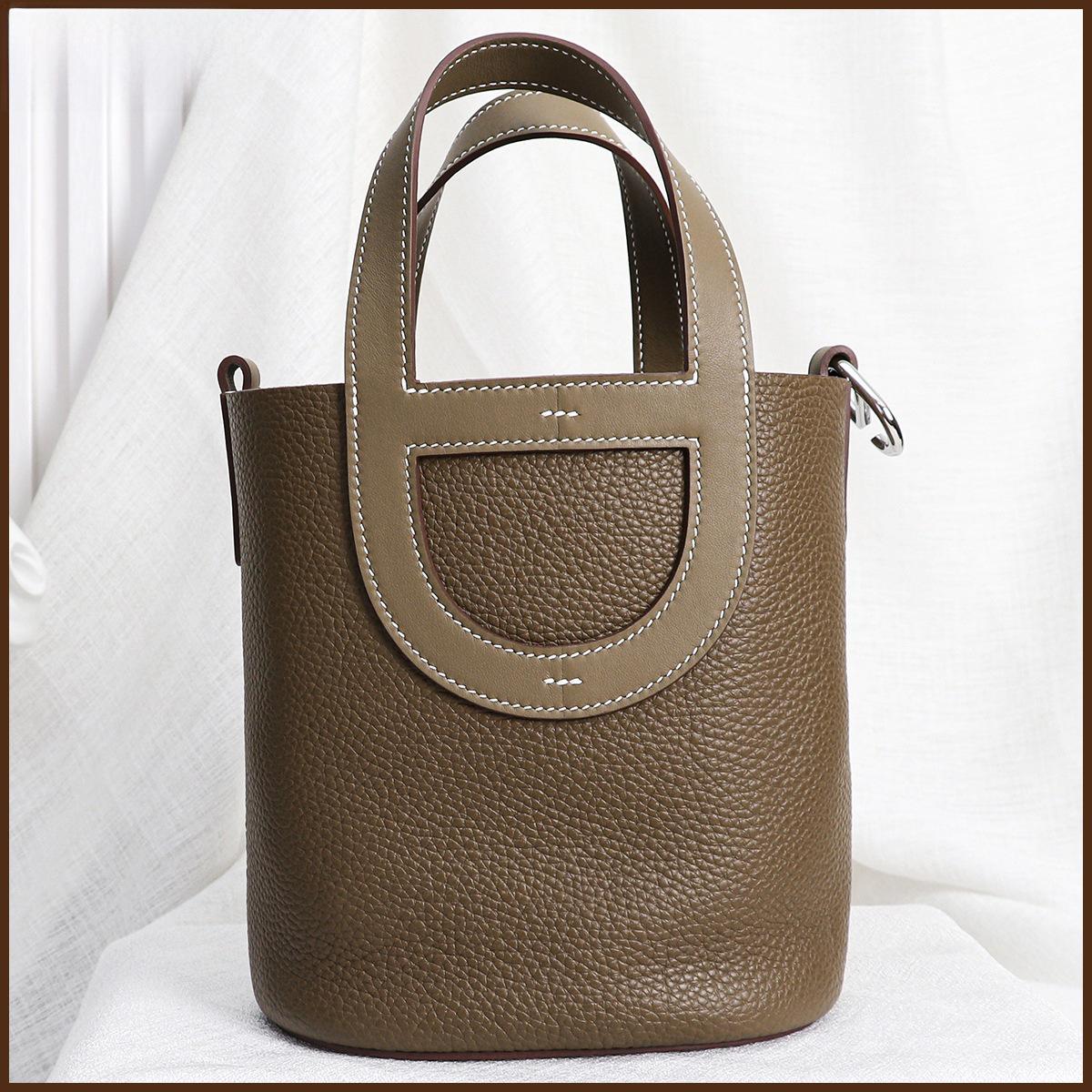 

Women s Pig Nose Vegetable Basket Handbag | Handmade Wax Line Litchi Pattern Leather Bucket Bag