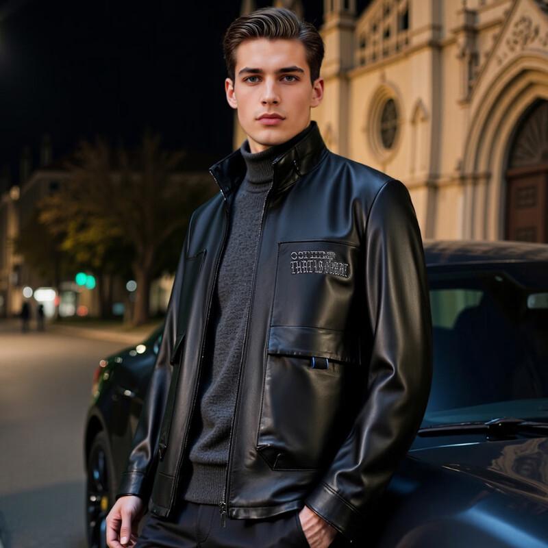 Futing Men's Genuine Lambskin Stand Collar Leather Jacket