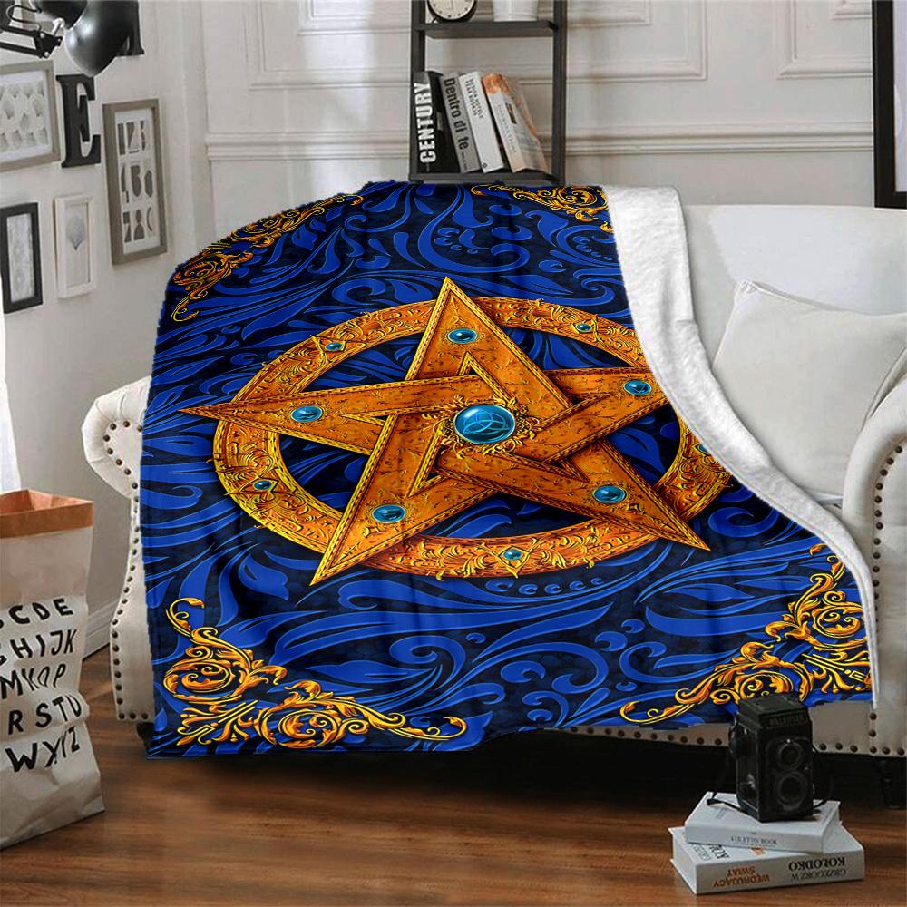 1pc Blue Golden Star Ornament Blanket Lightweight Flannel Blanket Throw Blanket For Sofa, Bed, Travel, Camping, Livingroom, Office, Couch, Chair, And