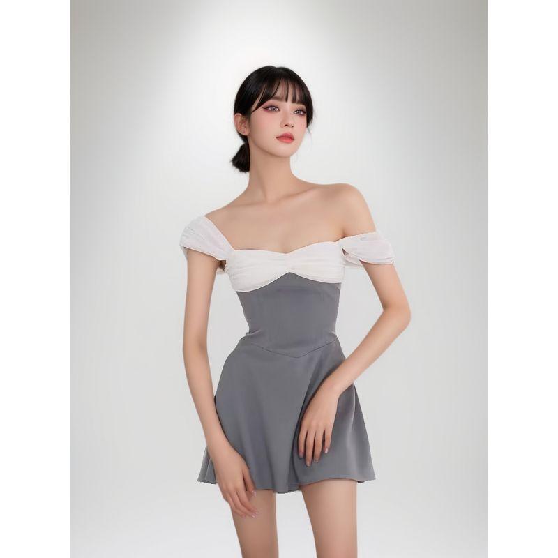 Sweet American Style Sexy Pure Desire Stylish off-Shoulder Contrast Color Patchwork Waist-Slimming Elegant A- Line Skirt Dress