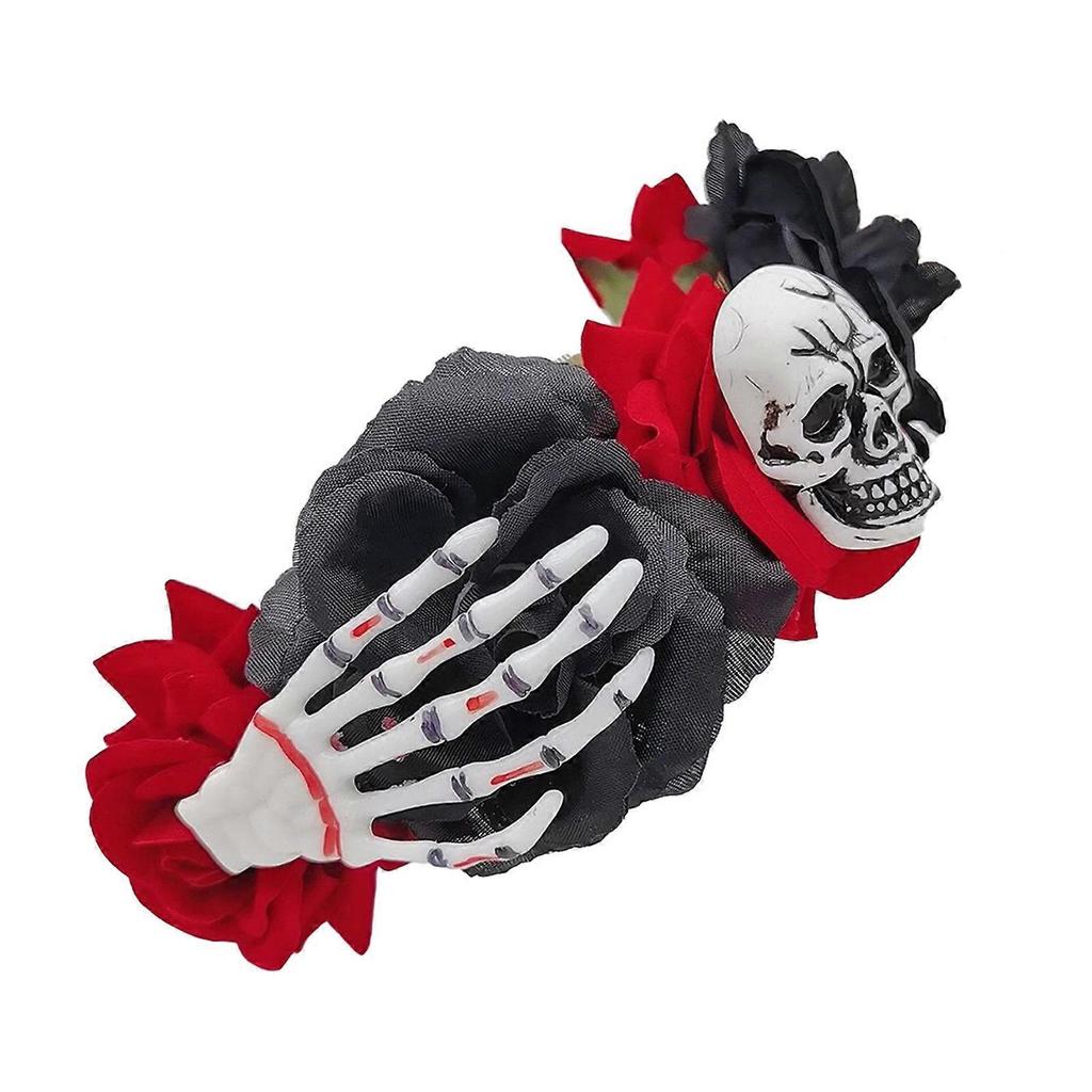 Spooky Skull Headband for Kids Halloween Flower Theme Parties Dark Skeleton Headband with Colorful Rose Garland  Black