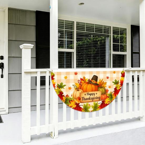 Thanksgiving Fan Flag Fall Bunting for Outside, 1.5 x 3ft Turkey Pumpkin Maple Outdoor Decorative Fans Leaf Pattern Hanging Banner, Harvest