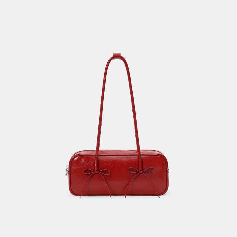 

Niche Style Leather Bowknot Red Satchel Underarm Bag Red