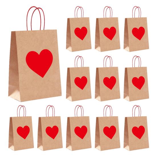 Krafts Paper Bags Red Heart Design Eco-Friendly Gift Bags with Heart Tags And Hemp Rope Gift Packaging for Weddings Birthdays Mother's Day Party