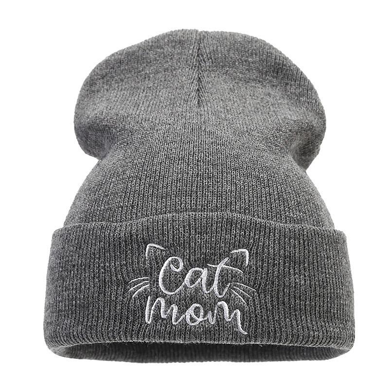 New Cute Cat Mom Embroidery Simple Pile Hat Women's Autumn and Winter Fashion Warm Wool Hat Light Mother Hat