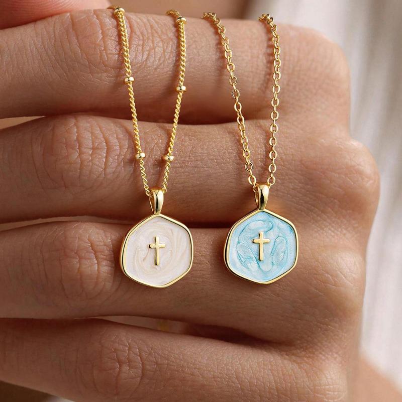 Dripping oil niche style design colorful enamel dripping oil cross alloy girl necklace sweater chain