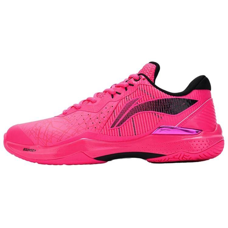 Li Ning Fabric Cushioning Slip Resistant Abrasion Resistant Low Top Badminton Shoes Unisex Fluorescent Fruit Pink AYAS018-1