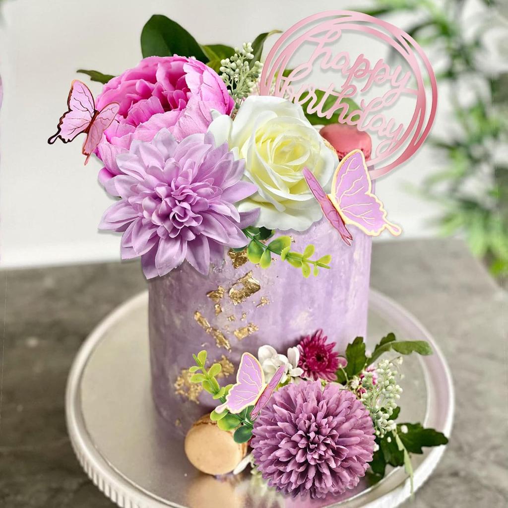 Flower Cake Toppers with Butterfly Happy Birthday and Artificial  Rose Flowers Eucalyptus Butterflies for Birthday Wedding