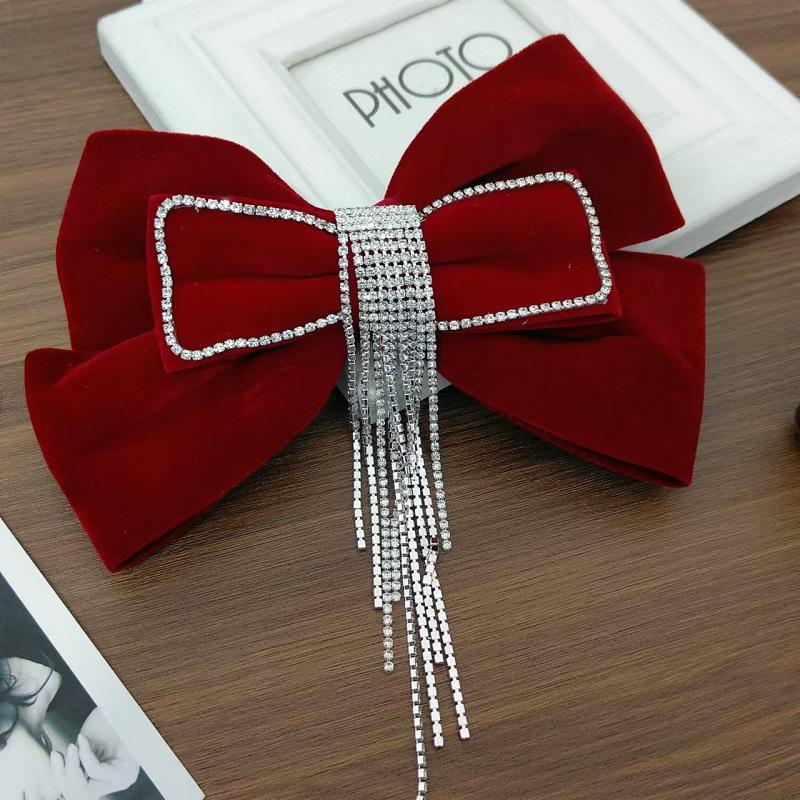 Korean Velvet Rhinestone Bow Tassel Hair Clip for Brides