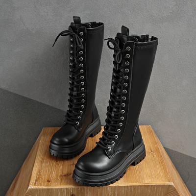 Block Heel High Boots Autumn New Round Toe Spliced Front Lace-Up Platform Anti-Slip Wear-Resistant Single Boots