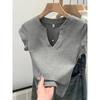Damen V-Ausschnitt mit Kerbe Kurzarm T-Shirt Slim Fit Unifarben Lässiges Crop Top