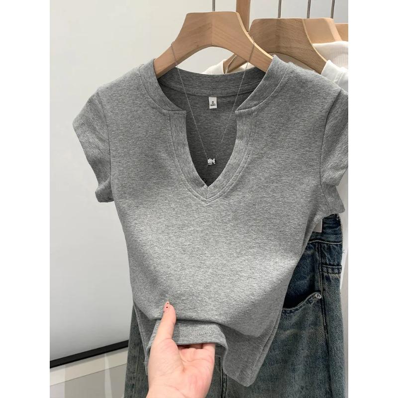 Damen V-Ausschnitt mit Kerbe Kurzarm T-Shirt Slim Fit Unifarben Lässiges Crop Top