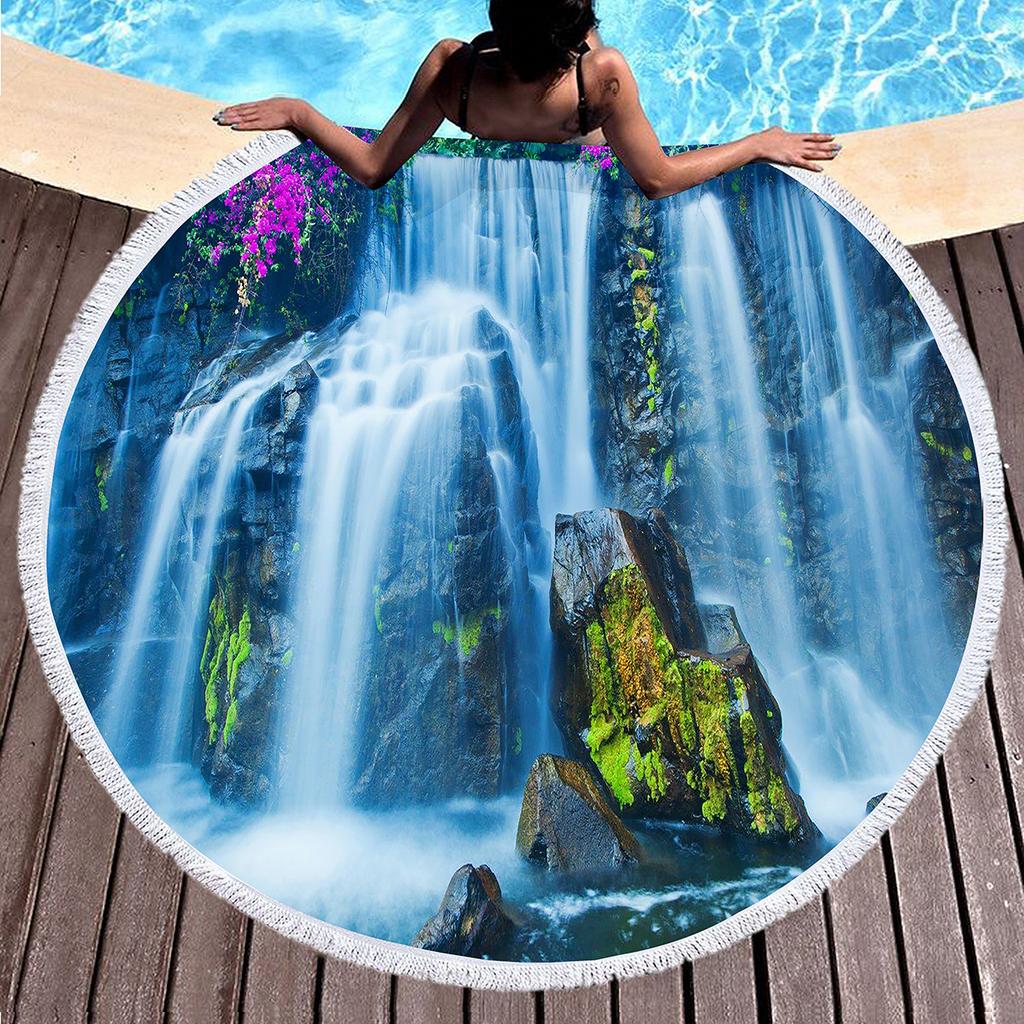 Natural Scenery Waterfall Round Beach Towel, Microfiber Circle Beach Blanket, Sand Free Quick Dry Pool Towel Portable Picnic Mat