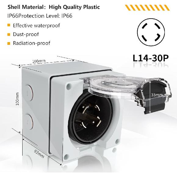 STARELO 30 Amp Generator Power Inlet Box NEMA L14-30P,125/250 Volt 7500W, Outdoor Dustproof and Weatherproof for Generators, Welding Machines,