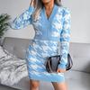 Autumn Winter Women Houndstooth Knitted Dress V Neck Long Sleeve High Waist Pack Sizes S To L