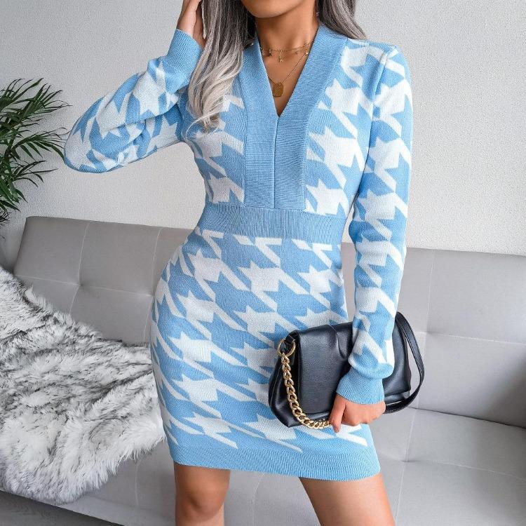 Autumn Winter Women Houndstooth Knitted Dress V Neck Long Sleeve High Waist Pack Sizes S To L