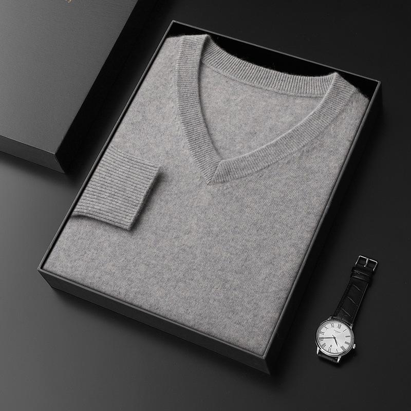 Men's V-Neck Cashmere Sweater, Plus Size, Long Sleeve, Solid Color, Wool Knit, 2023 Autumn/Winter Collection.