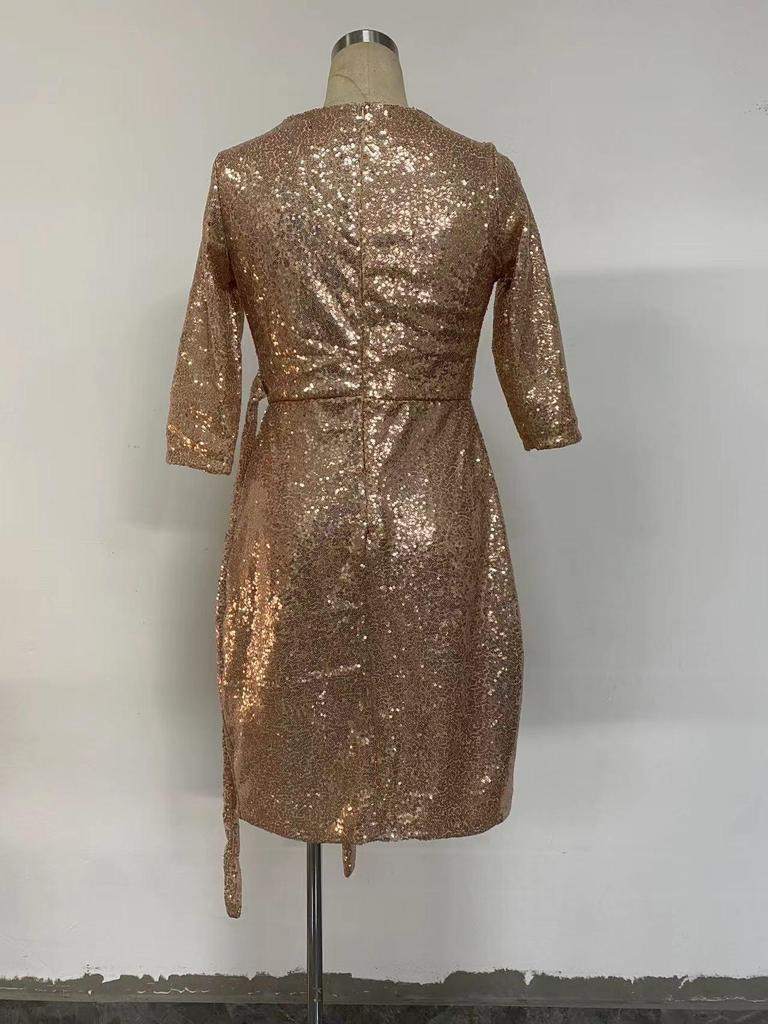 2025 Summer Sexy Women's Sequined Lace-up V-Neck Dress with Three-Quarter Sleeves