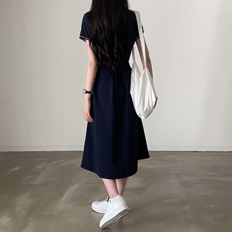 Women's Summer Retro Korean POLO Collar Color Block Slimming A-Line Dress