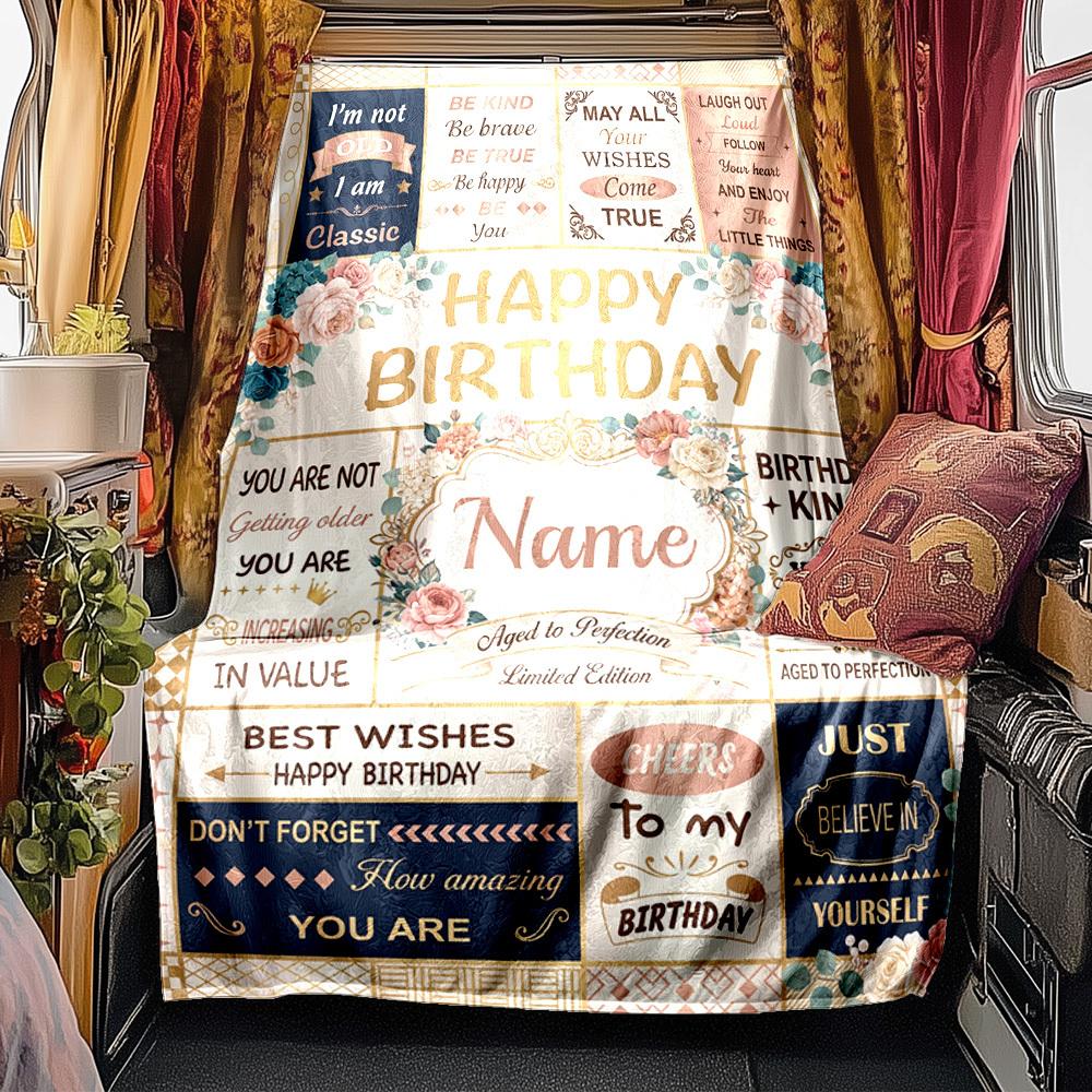 Vintage Birthday Celebration Blanket Personalized Name Soft Comfortable Stylish Blanket Car Blanket Perfect For Travel Camping Outdoor Home Suitable