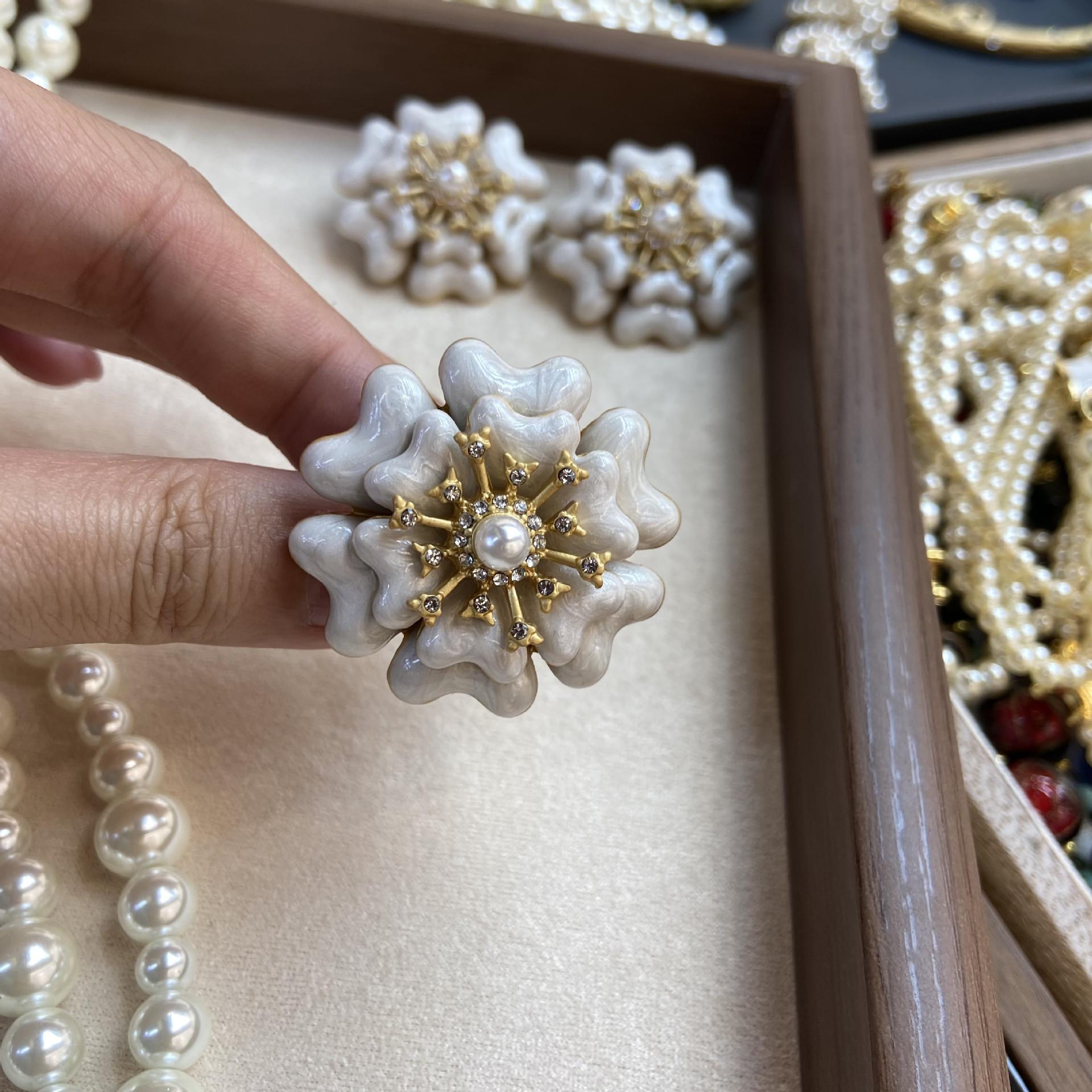 French Fairy White Camellia Necklace Oil Drop Diamond Flower Earrings Ring Elegant Clavicle Chain