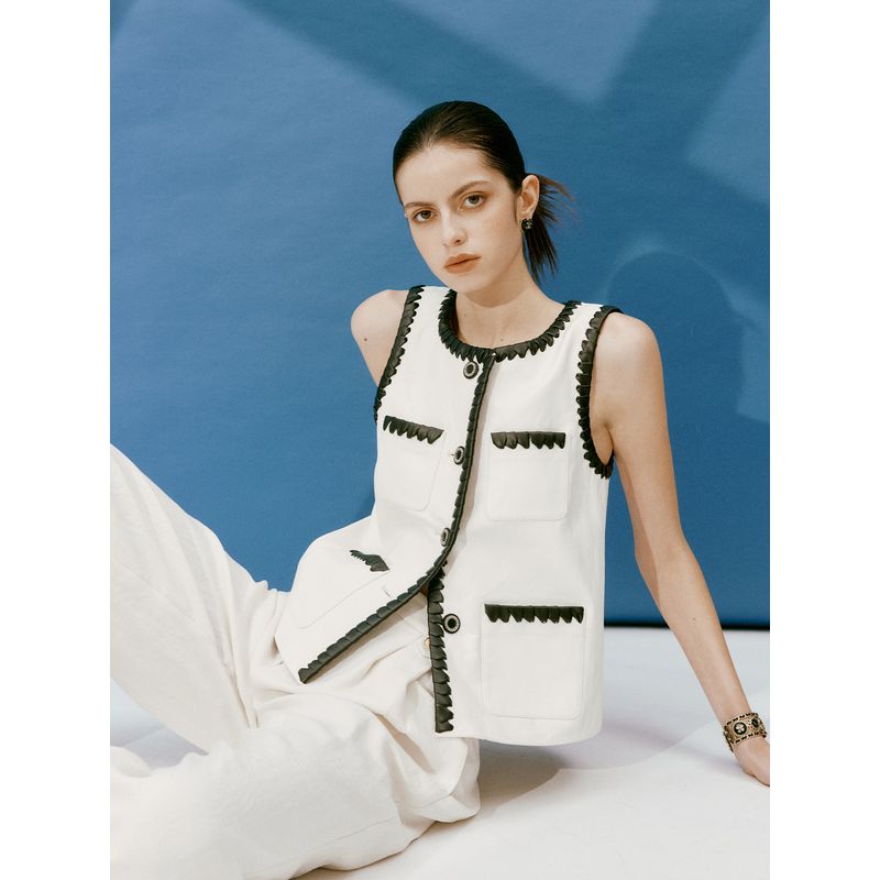

Blacknini Yin Huafu Bandage Dress Sharp Tool Chicory Soft Glutinous Grade a Vegetable Tanned Sheepskin Classic Style Genuine Leather Vest Coat White XS