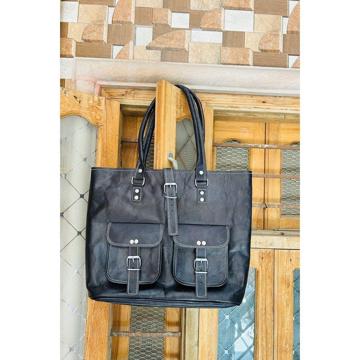 

Женская кожаная большая сумка премиум-класса с двумя карманами спереди 12 x 16 x 4 in чёрный