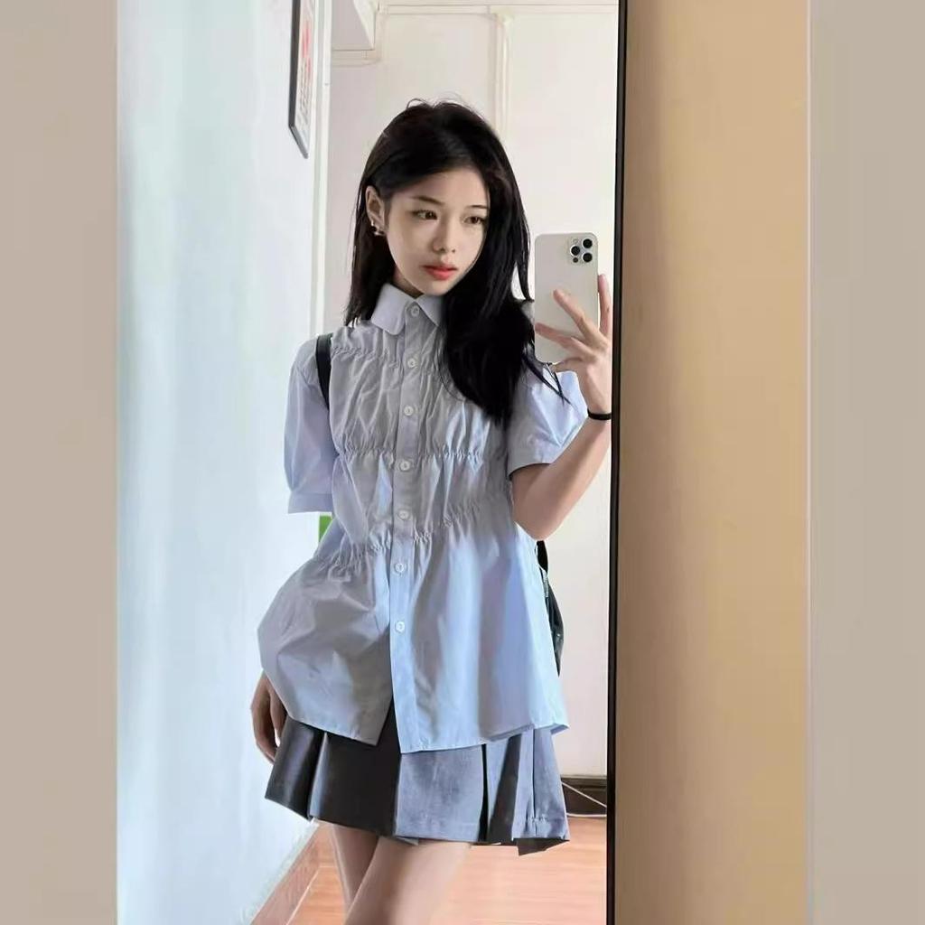 Women's Blue Short-Sleeve Preppy Blouse: Summer Sweet, Loose Fit, Korean-Style Ruffled Top