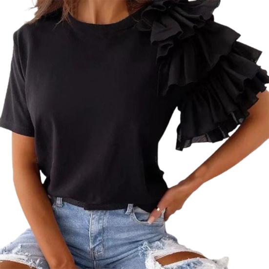 

O-neck Anti Pilling Stretchy Women T-shirt Layered Ruffle Short Sleeve Blouse Ladies Clothing S чорний