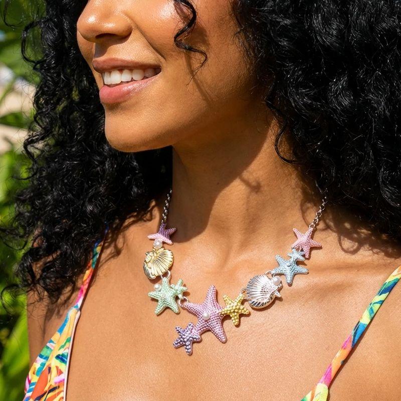 Summer Beach Colorful Vibe Starfish Shell Necklace for Women Imitation Pearl Choker Clavicle Chain Holiday Party Jewelry Gift