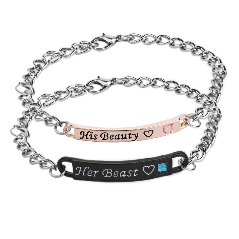 Fashion Black Rose Gold Color Charm His Queen Her King Beauty Beast Crystal Male Bracelet Jewelry For Men Women Gifts