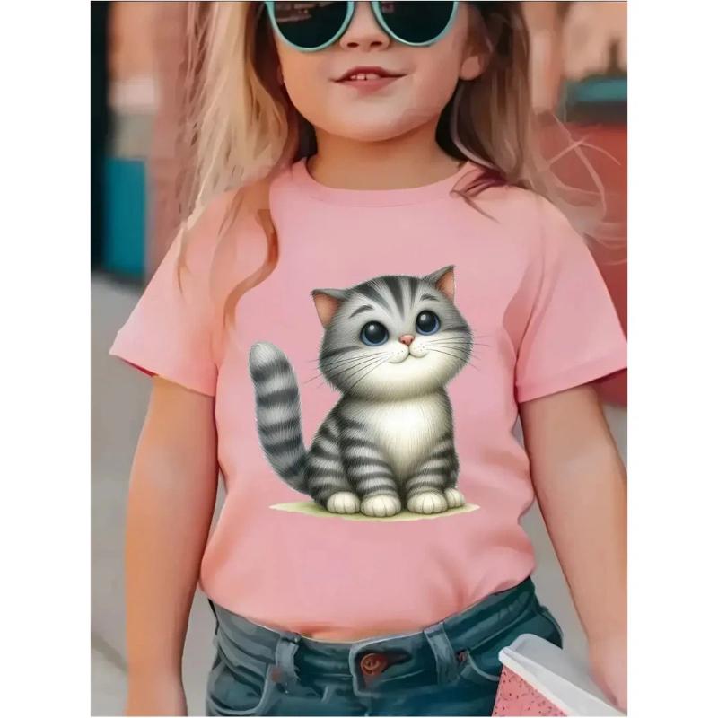 New Cartoon Cat Girl T-Shirt Short Sleeve Top Clothes Round Neck Top Fashion Junior Girls' Clothing Cute Outdoor Kids Tee
