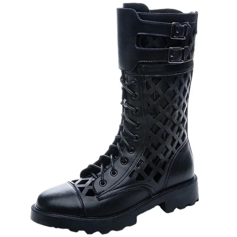 Fashion Summer Hollow Black Mesh Cool Boots female New Mid Heel Large Cool Boots European American Sandals Women platform heels