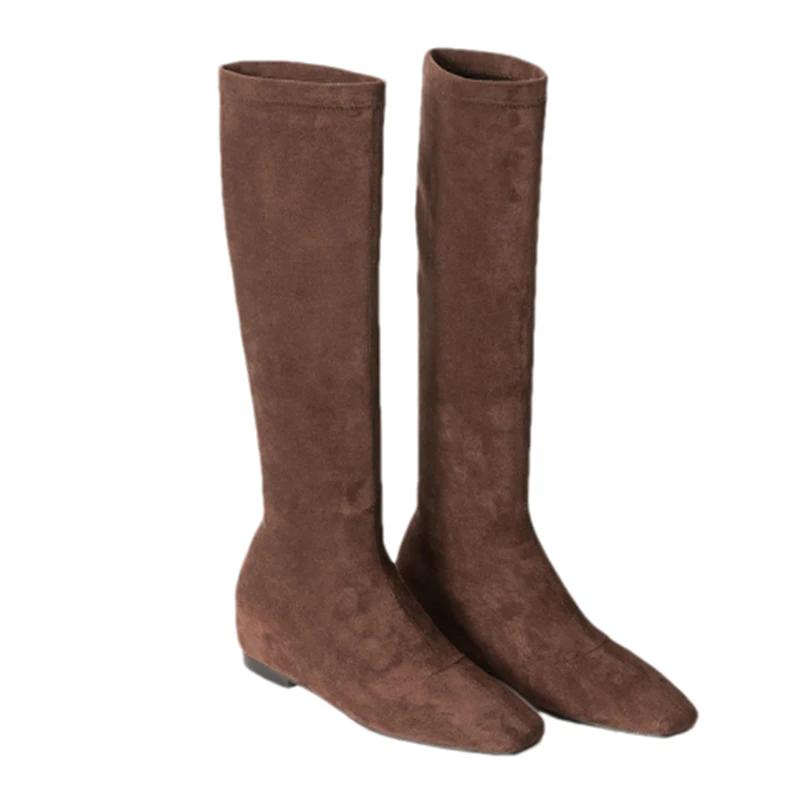 Mode Damen Wildleder Hohe Stiefel Flats Eckige Zehenschuhe Frau 2025 Trend Chelsea Boots Winter Goth Walking Neu Mujer Schnee Motorradstiefel