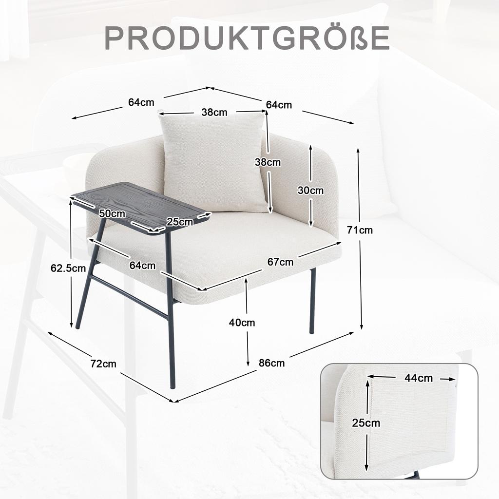 Poltrona individual moderna com encosto de tecido confortável e dois compartimentos de arrumação, complementada por uma mesa lateral prática.