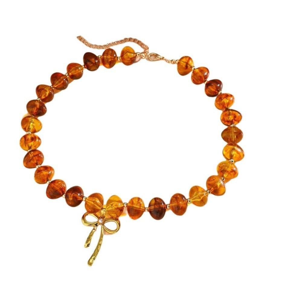 Fashion Resin Beaded Necklace Round Multicolor Bow Pendant Choker Jewelry Boho Women Clavicle Chain Travel