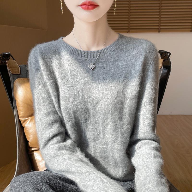 

Женский свитер с ажурной вязкой из 100% шерсти, с круглым вырезом - Универсальный пуловер для осени/зимы L (110-125 jin)