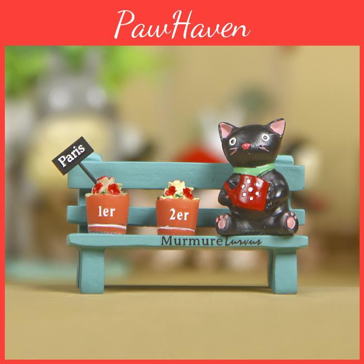 Cute Black Cat Sitting On Bench Watering Flowers Desktop Figurine With Planting Scene For Office Decor And Gift