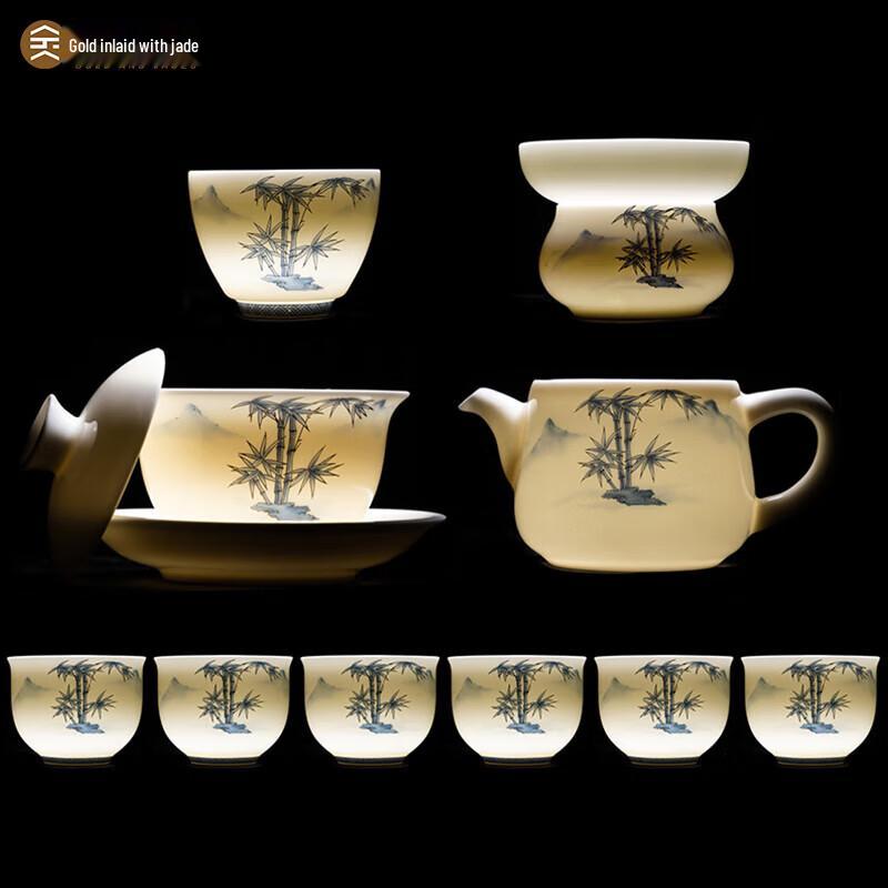 

Gold Inlaid White Porcelain Kung Fu Tea Set - Bamboo Style