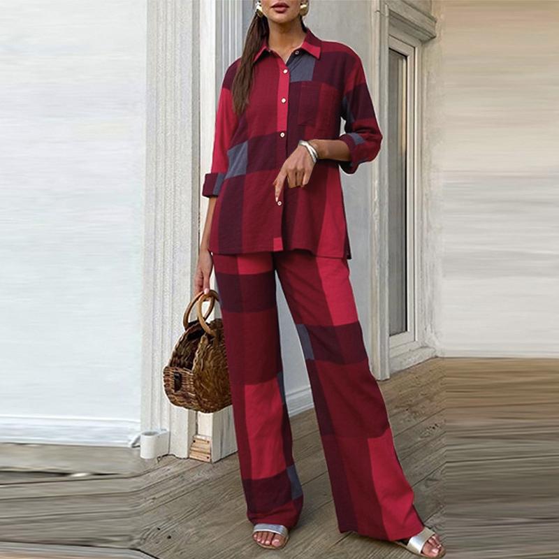 

ZANZEA Женский повседневный комплект из блузки с длинным рукавом и брюк с широкими штанинами с принтом в клетку, состоящий из двух частей 5XL красный