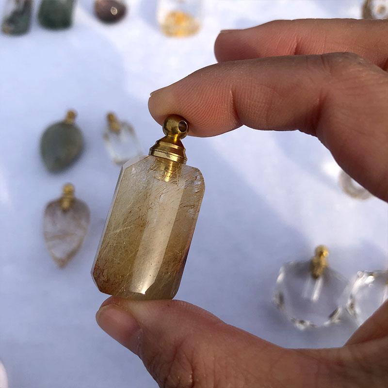 Natural Essential Oil Bottle Rutilated Quartz Gemstone Perfume Bottle Pendant